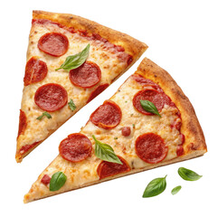 two slices of pepperoni pizza isolated on transparent background 