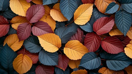 Fototapeta premium Autumnal Leaves Collection Vibrant Red Orange and Dark Teal Fall Foliage Background