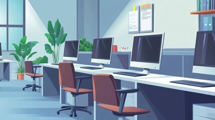 Fototapeta premium Modern office interior, rows of computers, plants, daylight, work environment