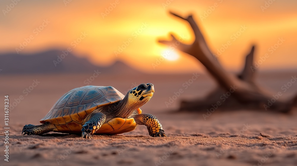 Aufkleber turtle is walking on the sand near a tree. the sun is setting in the background, creating a warm and