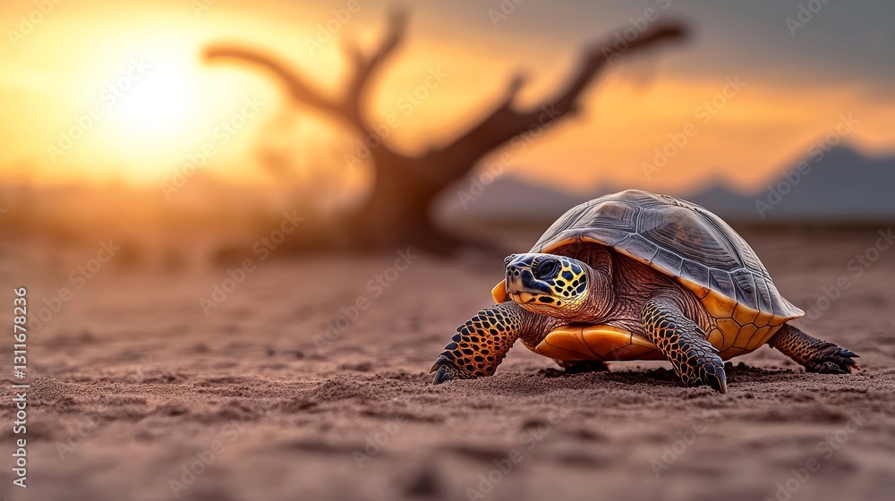 Poster turtle is walking on the sand near a tree. the sun is setting in the background, creating a warm and