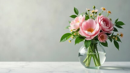 Fototapeta premium A delicate arrangement of pink blossoms and small wildflowers in a clear glass vase, sitting on a marble surface against a soft, neutral backdrop