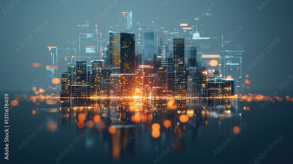 Poster digital twin of smart real estate development showcasing futuristic architecture and technology. vib