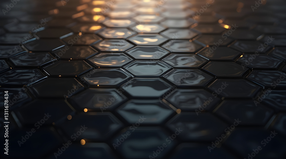Aufkleber dark hexagonal grid with blue glowing lights - futuristic technology background texture