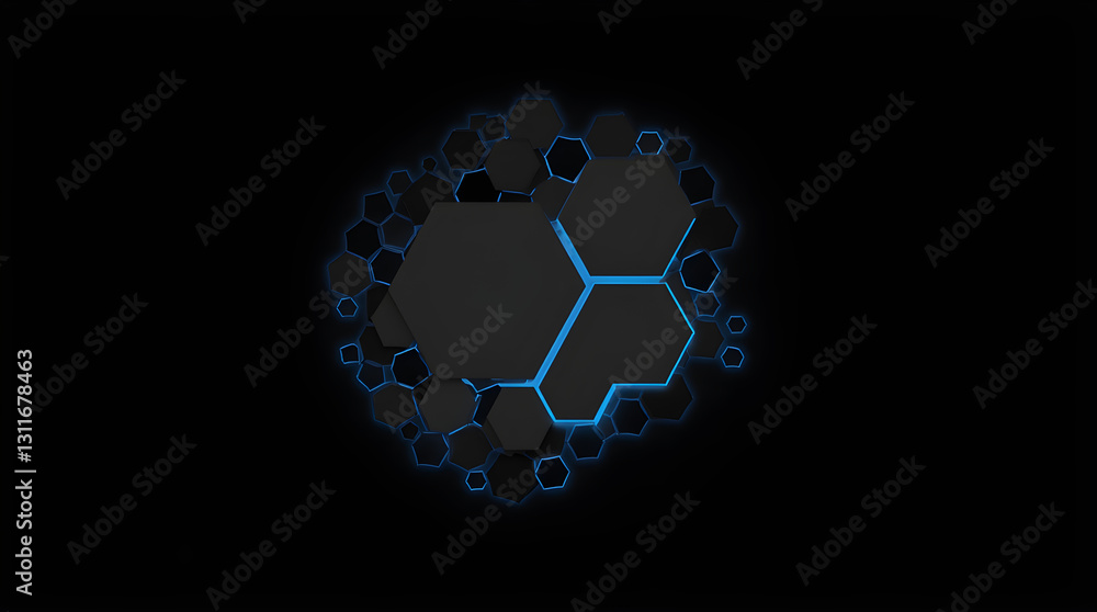 Aufkleber abstract geometric hexagon cluster with blue outlines on black background - minimalist tech style de