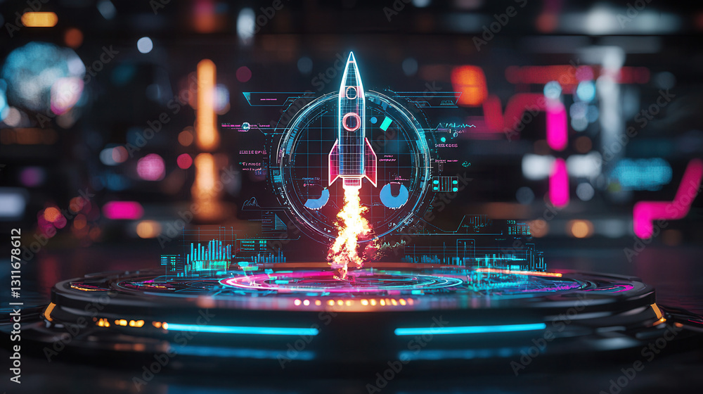 Poster futuristic rocket launch display with vibrant graphics and digital elements, showcasing innovation a