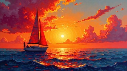 Fototapeta premium Sailing into a Vibrant Sunset A Serene Ocean Scene with a Sailboat and Passengers Enjoying the Golden Hour