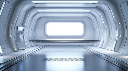 A futuristic workspace with sleek technology, a computer monitor, and empty space to add elements or messages.