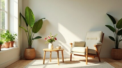 Fototapeta premium Serene Living Room with Natural Light, Wooden Accents, and Lush Greenery Creating a Calming Atmosphere