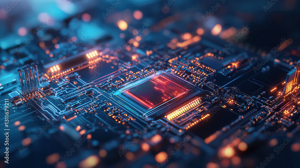 Poster vibrant digital circuit board with glowing components and intricate patterns, showcasing technology 