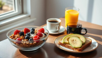 breakfast with juice and fruits