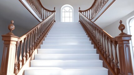 A grand indoor staircase with ornate wooden railings and large white steps, set in a luxurious space with ample room for design or content.