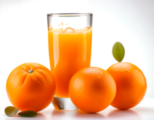Fotografía profesional, zumo de naranja y naranjas, fondo transparente, hiperrealista, 4k