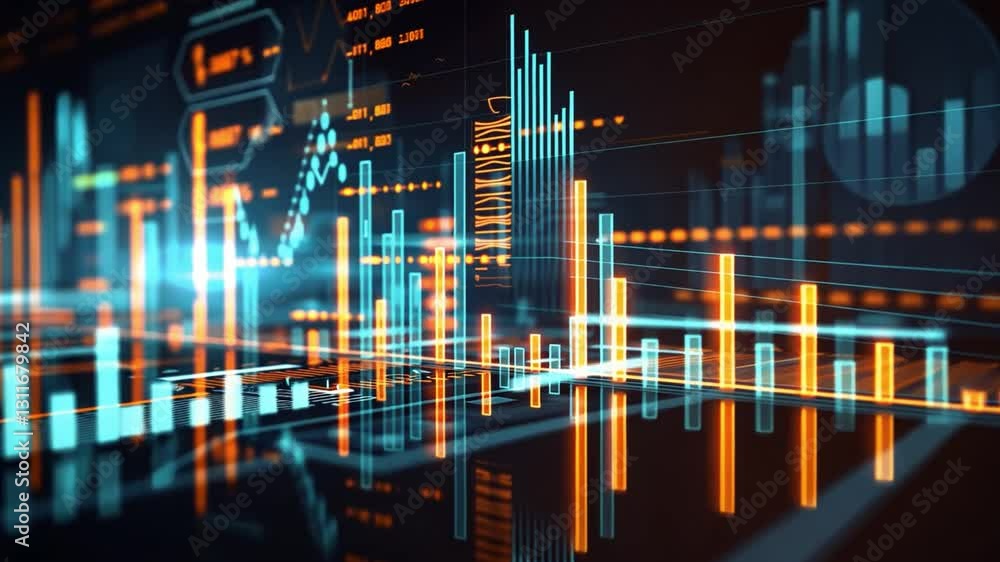 Poster vibrant digital financial graph analysis glowing bars and lines showcasing market trends and data in