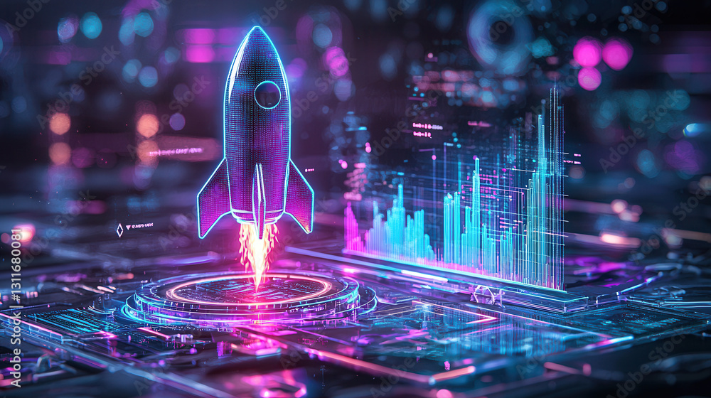 Poster futuristic rocket launch visualization with vibrant neon colors and data graphs, symbolizing innovat