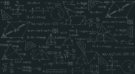 School-themed background with geometric formulas, equations and graphs. School blackboard with equations. Illustration is suitable for advertising of educational platforms, websites related to science © Andrew L