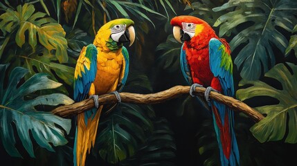 Obraz premium A radiant oil painting captures a parrot perched gracefully, its vibrant blue, yellow, and red feathers intricately patterned against the lush branch backdrop