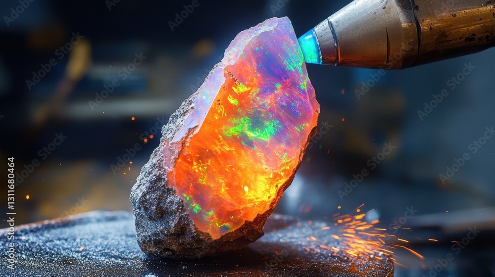 Poster rough boulder opal being worked into a refined gemstone with a high-speed grinding tool.