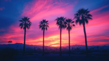 Obraz premium Calm desert landscape with palm trees silhouetted against a pink and purple sunset sky.