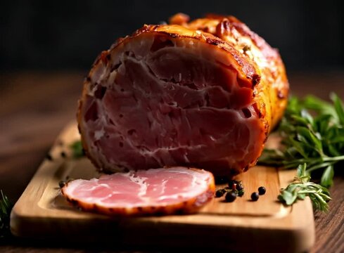 closeup Delicious grilled ham served on a wooden table.Homemade roasted ham, on festive served Easter lunch or brunch table