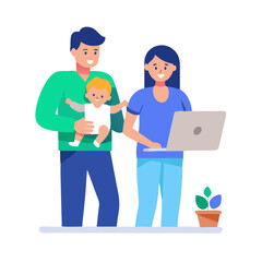 Happy modern family using laptop together