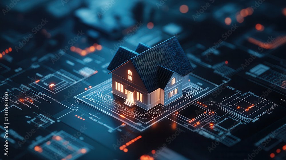 Poster futuristic property transaction dashboard featuring house model surrounded by digital blueprints and