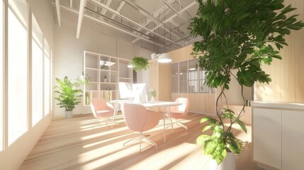 Sunlit modern office, plants, desks, meeting
