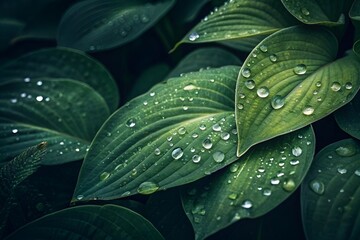 Obraz premium Macro Shot of Green Leaves with Water Droplets and Dark Background