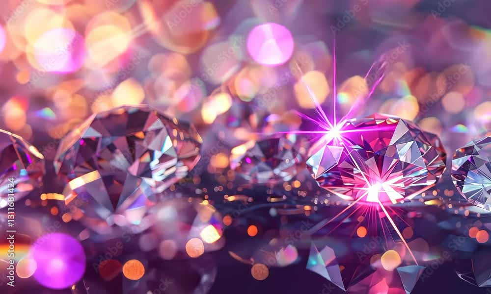 Poster sparkling diamonds on reflective surface with vibrant bokeh effect in background
