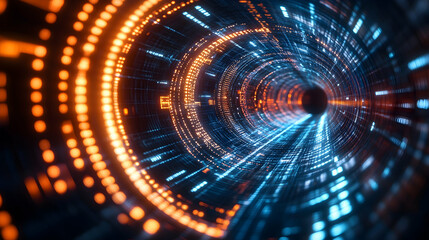 Abstract Digital Tunnel with Blue and Orange Light Patterns
