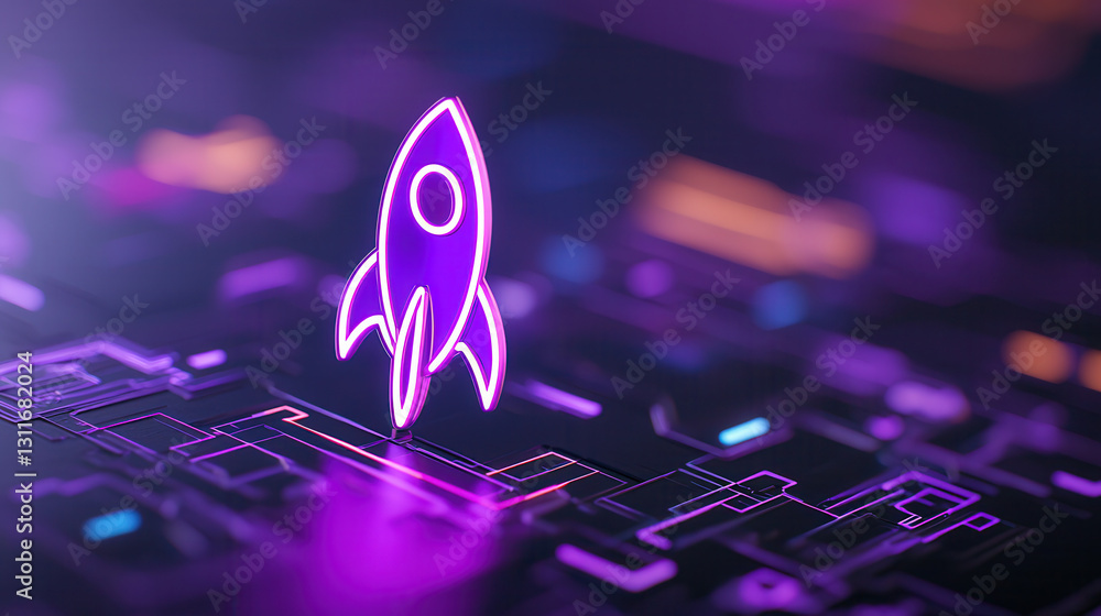 Poster high tech rocket icon on digital circuit board background, symbolizing innovation and progress