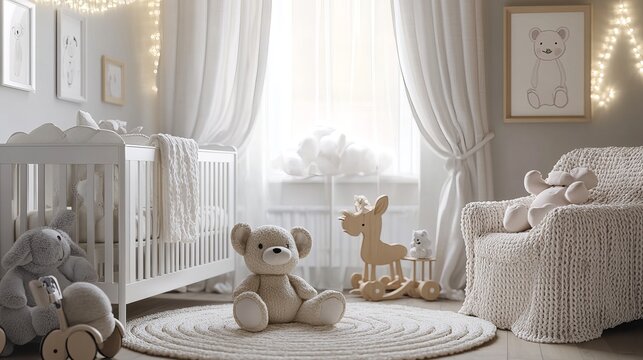 A warm and cozy newborn baby room with soft pastel colors and a gentle, dreamy atmosphere. A white wooden crib with delicate bedding sits near a window with flowing sheer curtains. Plush toys, includi