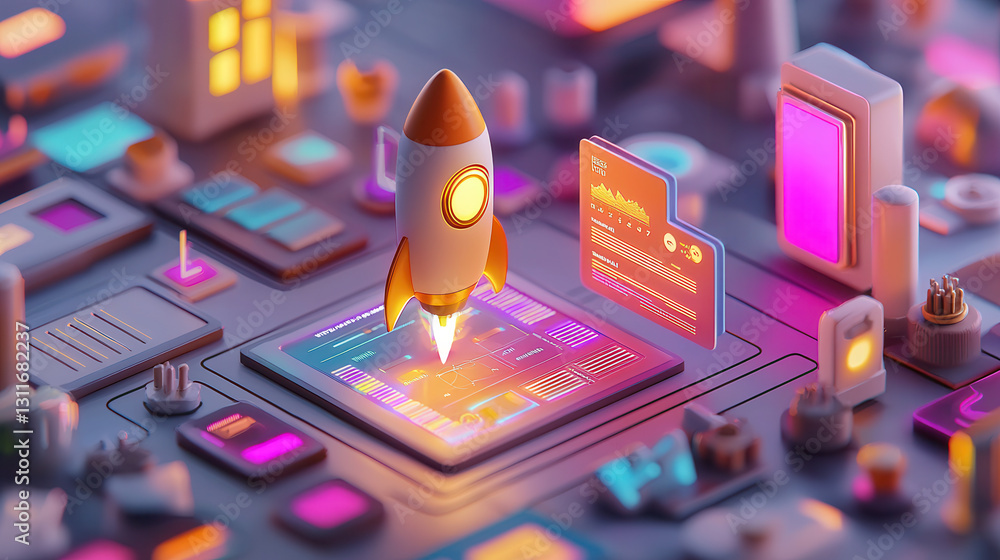 Poster vibrant digital workspace featuring rocket launching from high tech interface, symbolizing innovatio