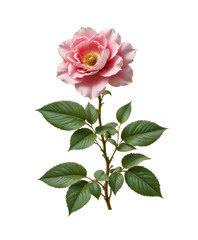 Fototapeta premium Pink Rose with Green Leaves on Transparent Background