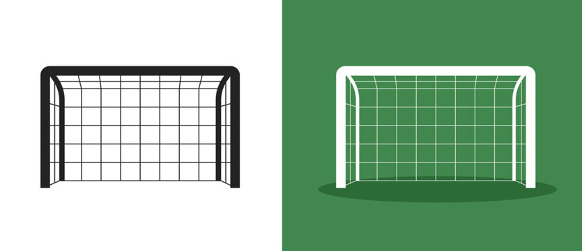 Soccer goal icon simple graphic sign symbol illustration set, black white football goalpost pictogram isolated on green background image clip art
