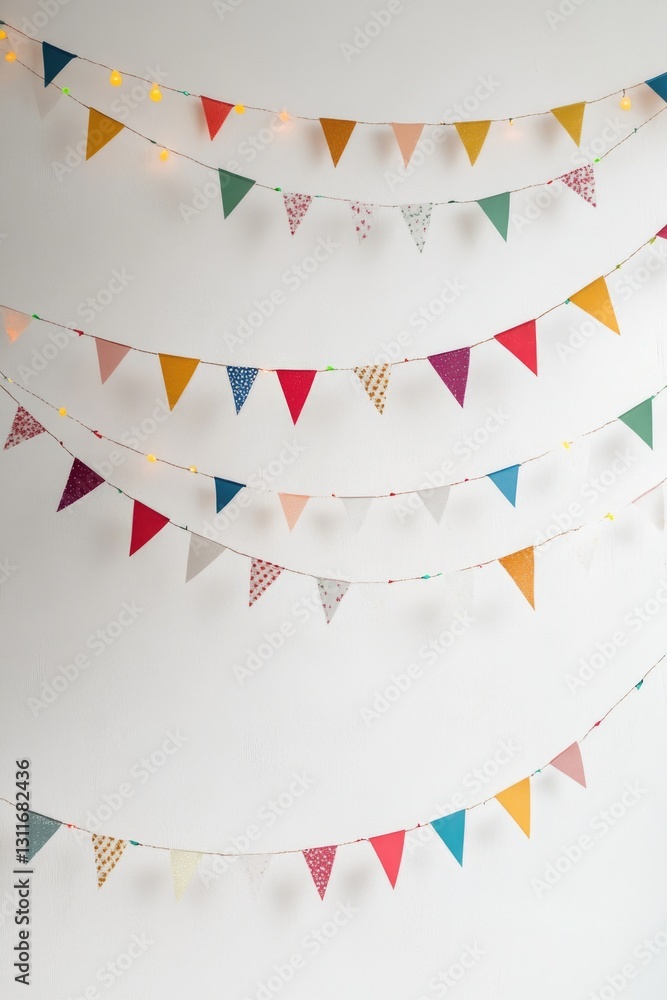 Poster a row of colorful triangular flags hanging from strings, with a string light decoration in the backg