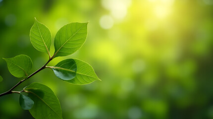 Green Leaves on Branch in Sunlight Bokeh Blurred Background Nature Photo
