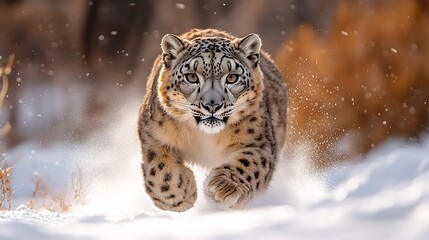 Obraz premium Snowy landscape with a snow leopard running swiftly through the snow, showcasing its agility