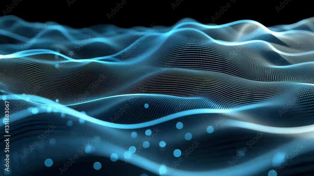 Poster digital waves flowing lines and glowing particles in abstract futuristic motion, creating depth and 