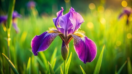 Velvety Purple Iris Blooms in Lush Green Meadow - Delicate Spring Flower Photography