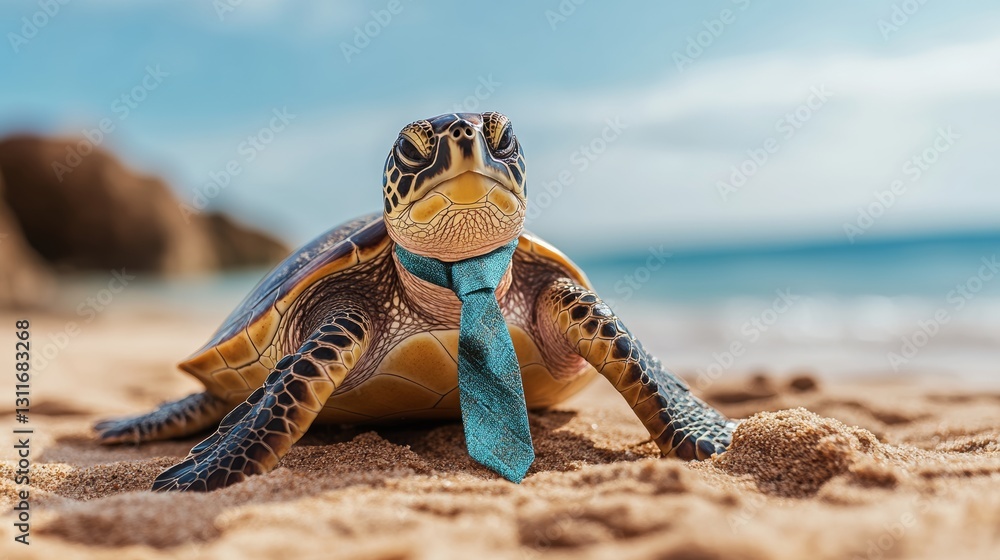 Poster turtle wearing a blue tie is standing on a beach. the image has a playful and lighthearted mood, as 