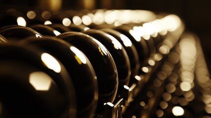 A row of wine bottles in focus, soft background blur; elegance and craftsmanship in every detail.