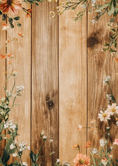 Rustic wooden background adorned with colorful flowers, perfect for invitations