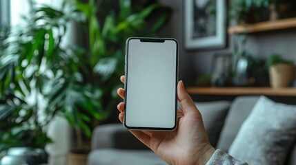 Person Holding Smartphone with Blank Screen Indoor Cozy Home Setting Green Plants