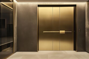 Bold gold door pivots into taupe, exuding sophistication.