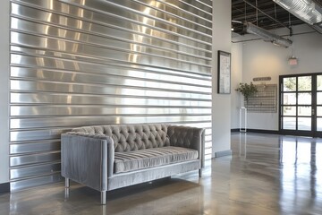 Naklejka premium Platinum-gray sofa against metallic silver wall, open modern setting.