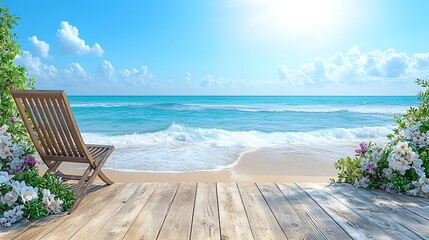 Obraz premium Serene Beach Scene with Wooden Chair and White Flowers