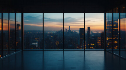 Fototapeta premium Stunning city skyline view at sunset from modern office space