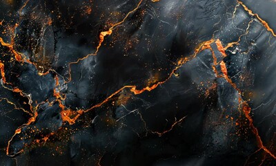 Textured surface with orange veins resembling molten lava cracks on dark stone background