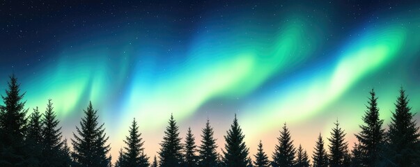 Fototapeta premium Aurora borealis northern lights idea. Breathtaking northern lights illuminating a forest during twilight.